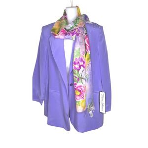 NEW Diane Gilman Purple 100% Silk Blazer and Floral Scarf Set Vintage 80s 1X NWT